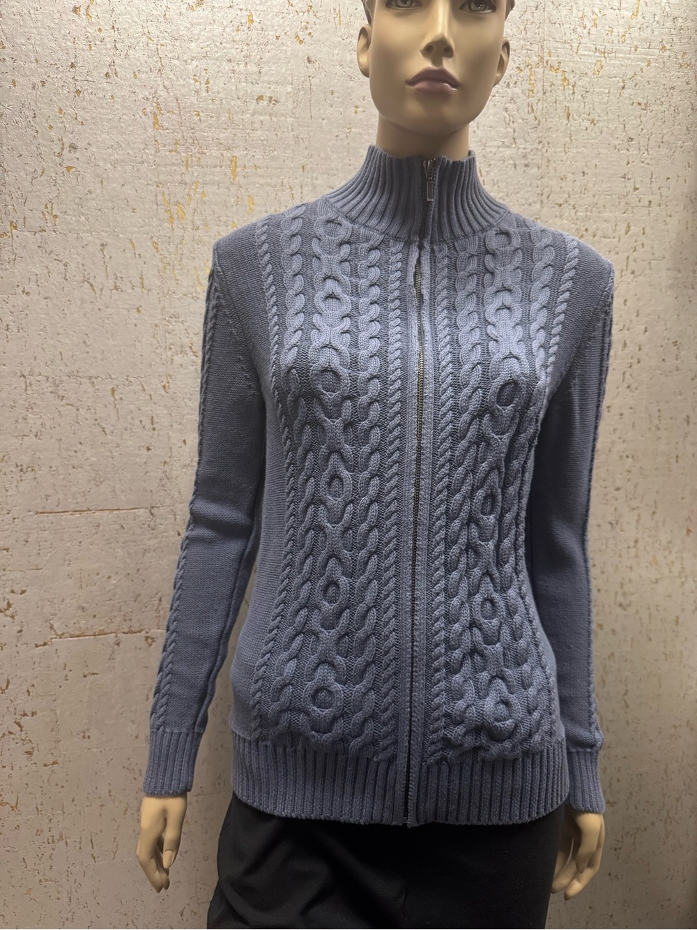 L.L. Bean Slate Blue Cable-Knit Zip Cardigan
